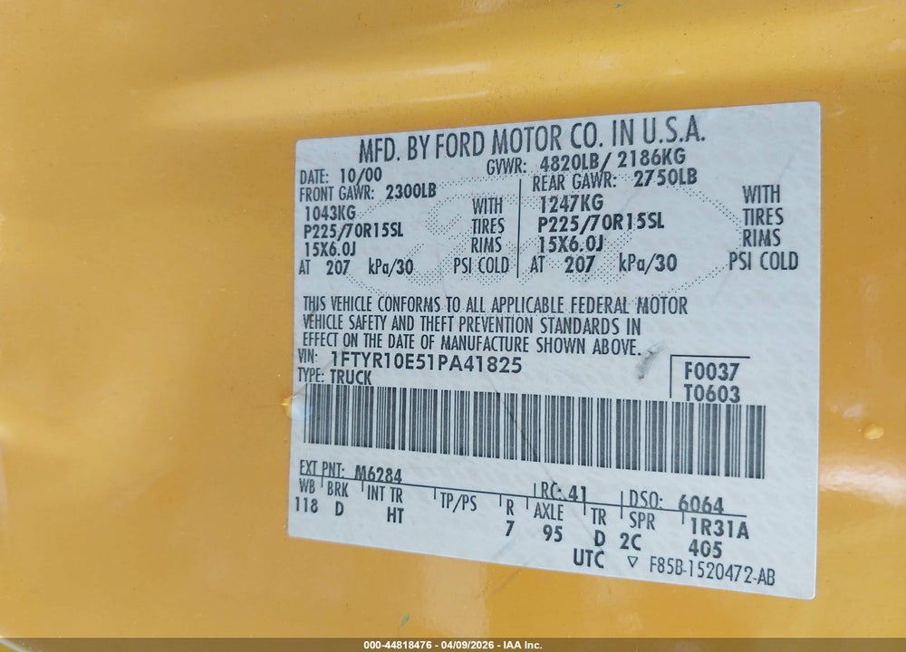 2001 FORD RANGER EDGE VIN: 1FTYR10E51PA41825