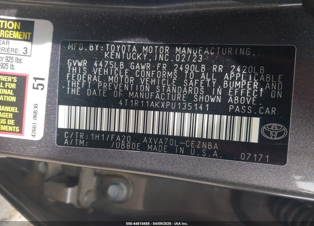 2023 TOYOTA CAMRY LE VIN: 4T1R11AKXPU135141