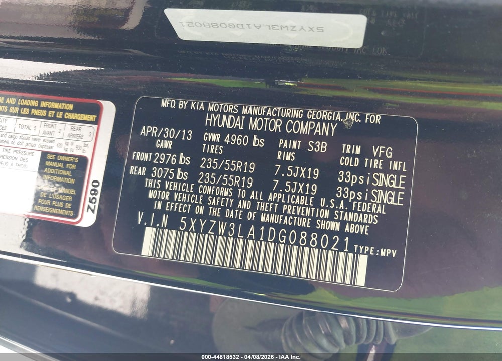 2013 HYUNDAI SANTA FE SPORT 2.0T VIN: 5XYZW3LA1DG088021