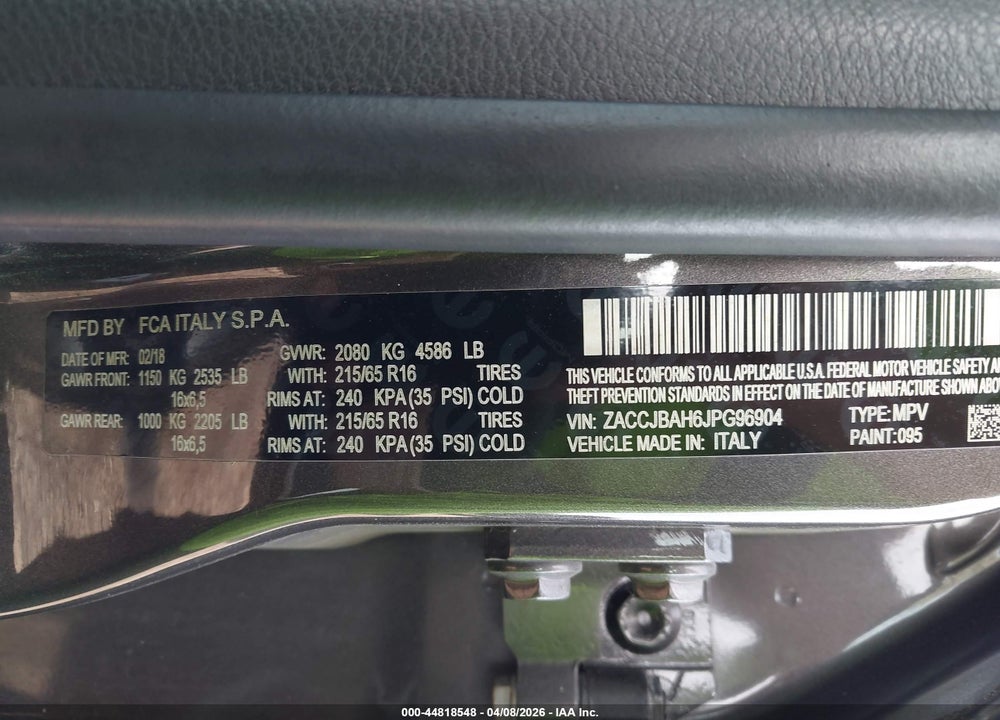 2018 JEEP RENEGADE SPORT 4X4 VIN: ZACCJBAH6JPG96904
