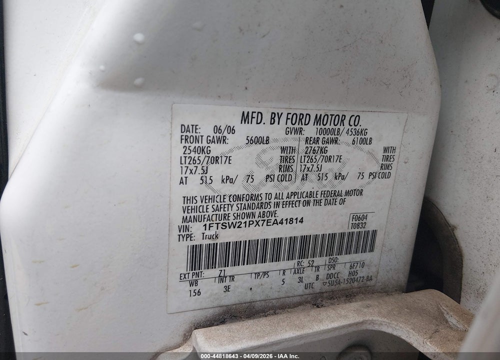 2007 FORD F-250 LARIAT/XL/XLT VIN: 1FTSW21PX7EA41814
