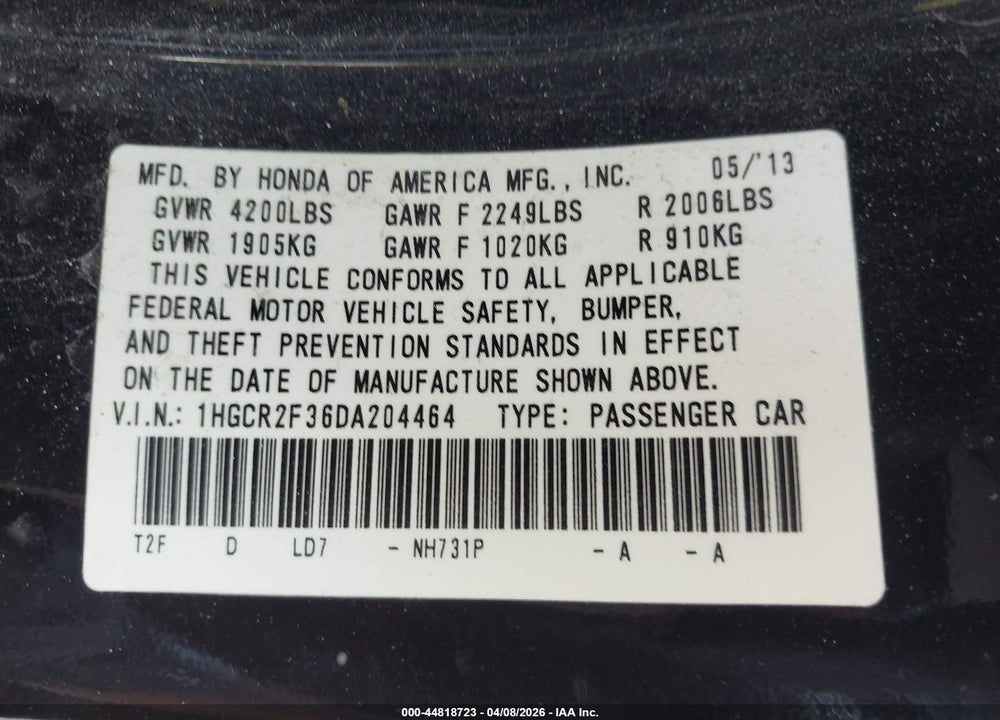 2013 HONDA ACCORD LX VIN: 1HGCR2F36DA204464