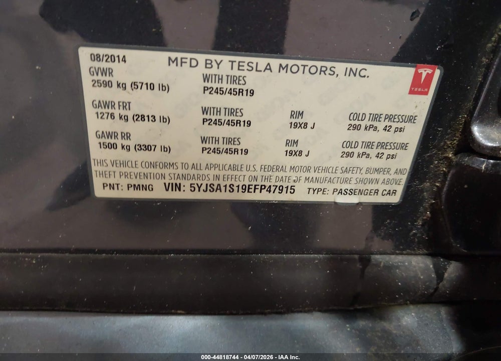 2014 TESLA MODEL S VIN: 5YJSA1S19EFP47915