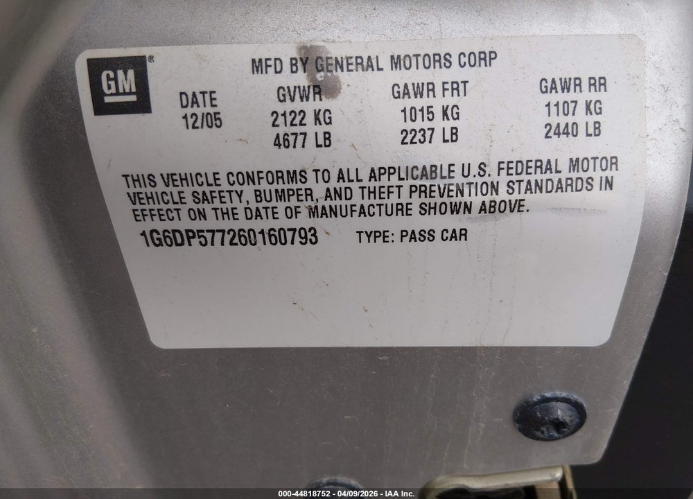 2006 CADILLAC CTS STANDARD VIN: 1G6DP577260160793