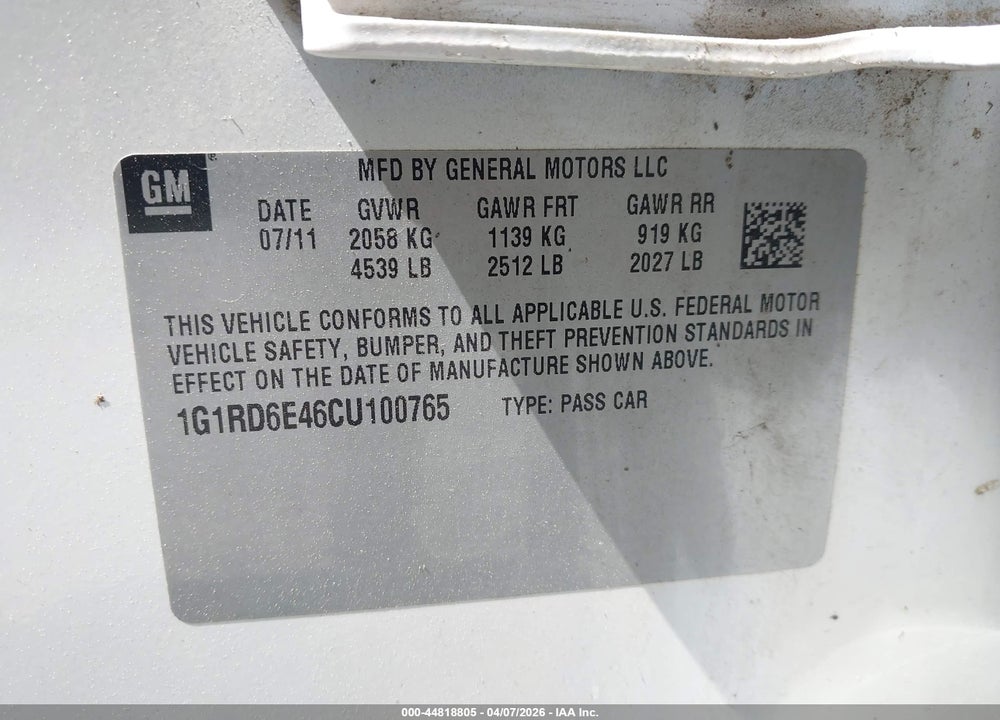 2012 CHEVROLET VOLT VIN: 1G1RD6E46CU100765