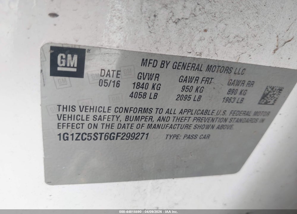 2016 CHEVROLET MALIBU 1FL VIN: 1G1ZC5ST6GF299271