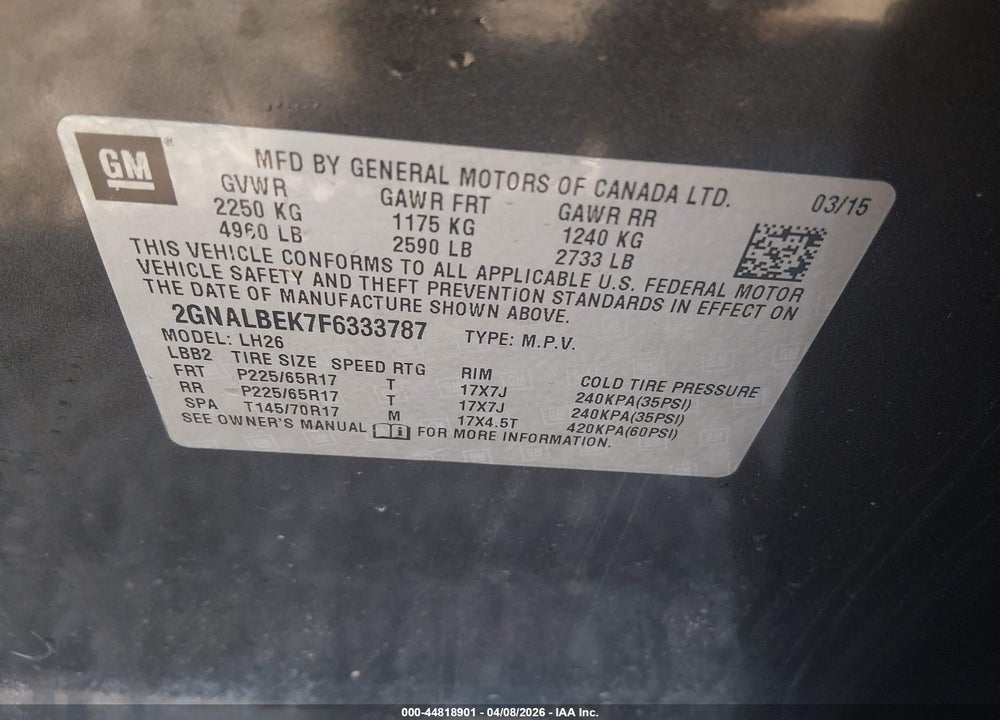 2015 CHEVROLET EQUINOX 1LT VIN: 2GNALBEK7F6333787
