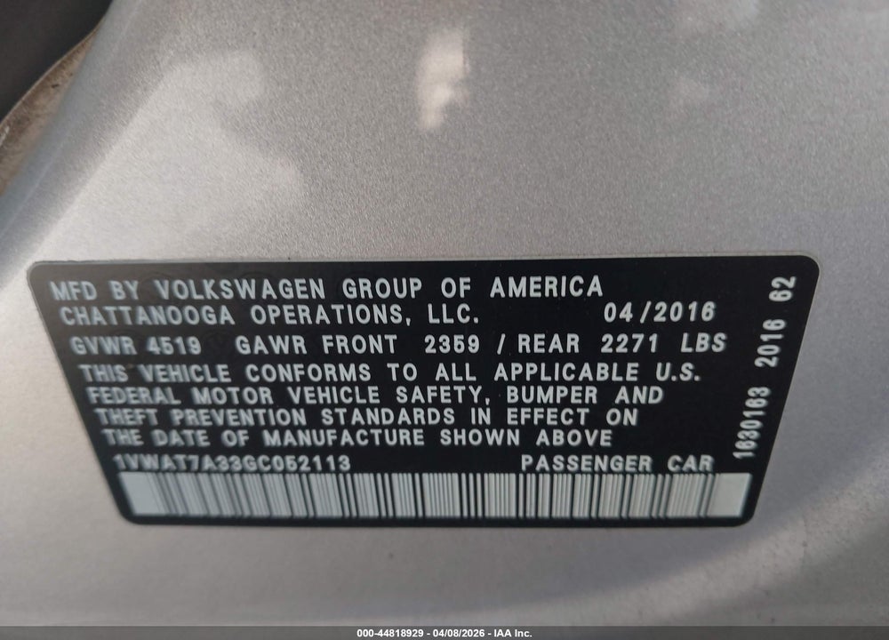2016 VOLKSWAGEN PASSAT 1.8T R-LINE VIN: 1VWAT7A33GC052113