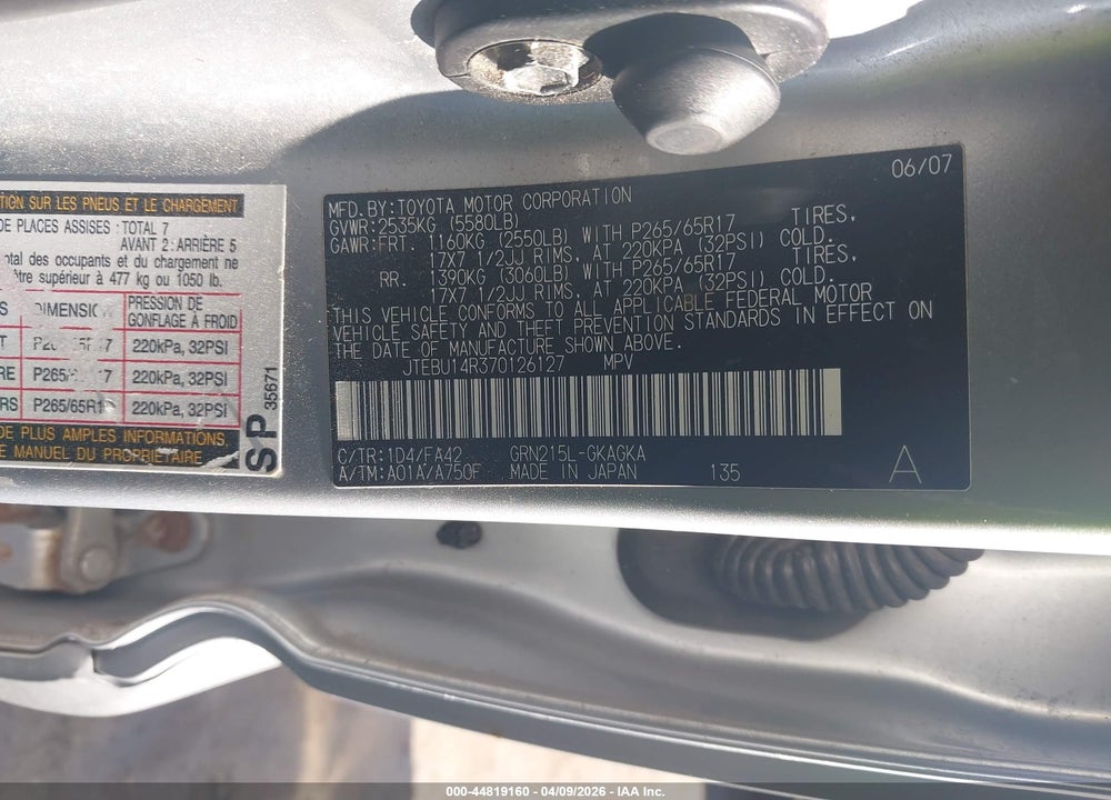 2007 TOYOTA 4RUNNER SR5 V6 VIN: JTEBU14R370126127