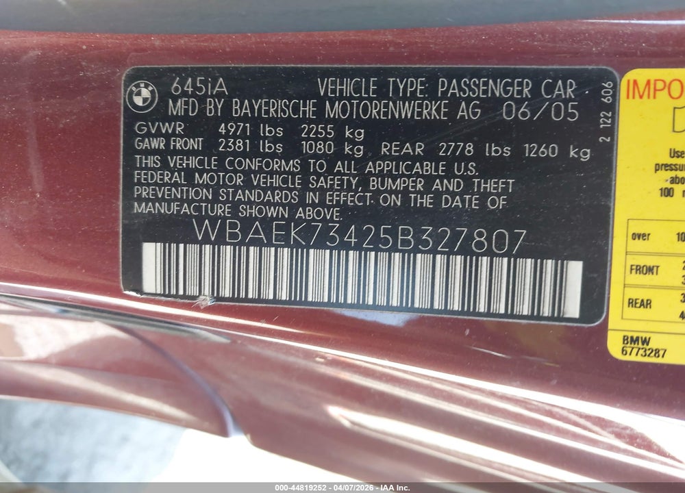 2005 BMW 645CI VIN: WBAEK73425B327807