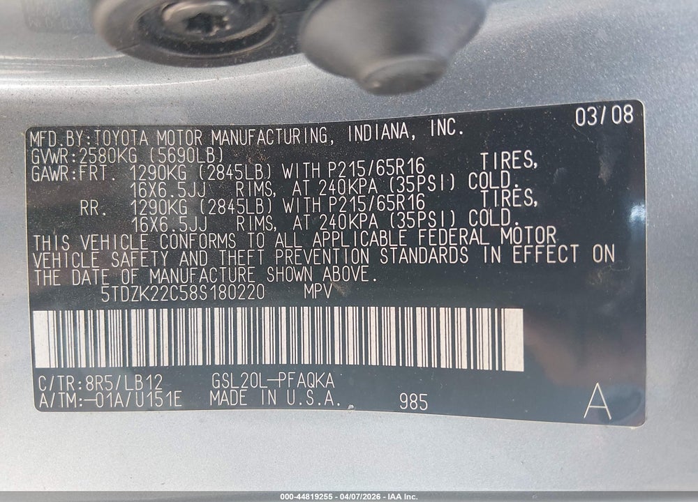 2008 TOYOTA SIENNA XLE VIN: 5TDZK22C58S180220