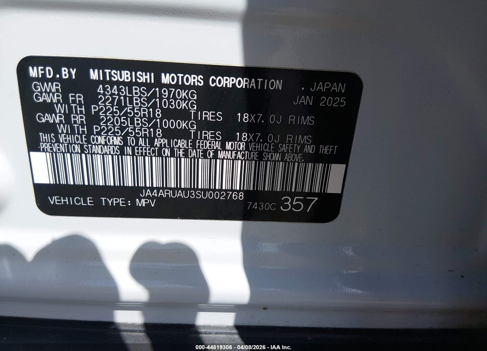 2025 MITSUBISHI OUTLANDER SPORT 2.0 ES AWC/2.0 LE AWC/2.0 S AWC/2.0 SE AWC/2.0 TRAIL EDITION AWC VIN: JA4ARUAU3SU002768