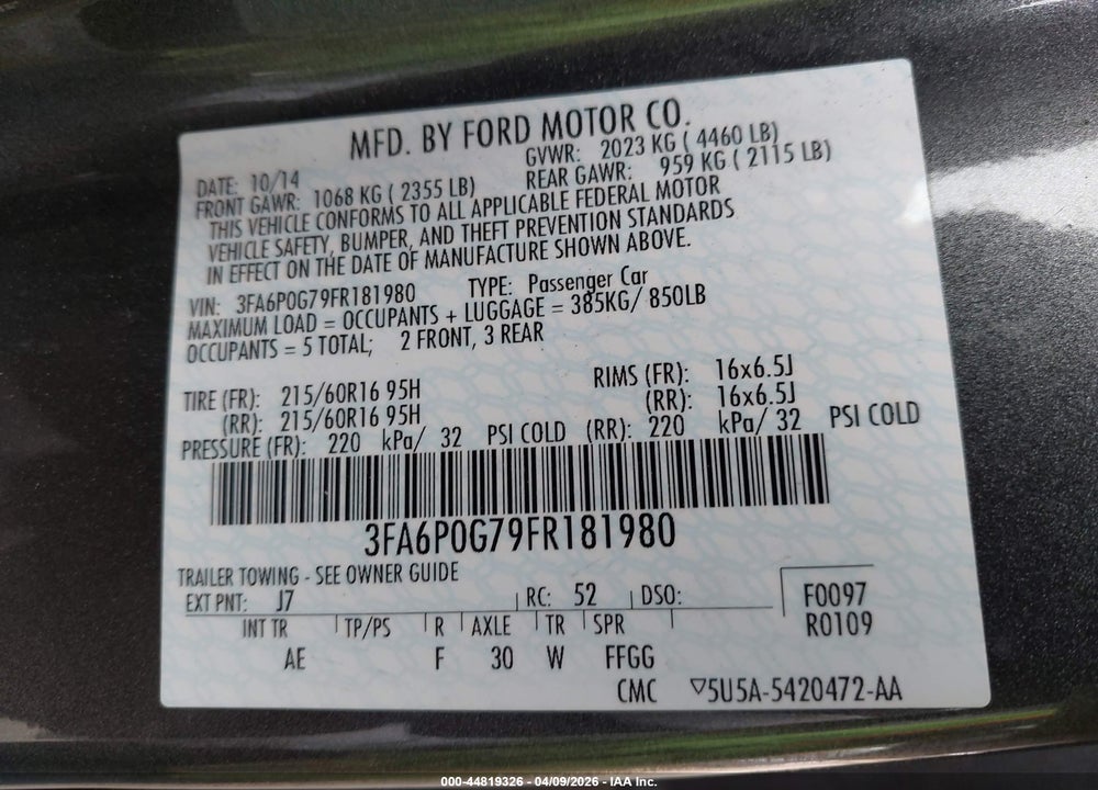 2015 FORD FUSION S VIN: 3FA6P0G79FR181980