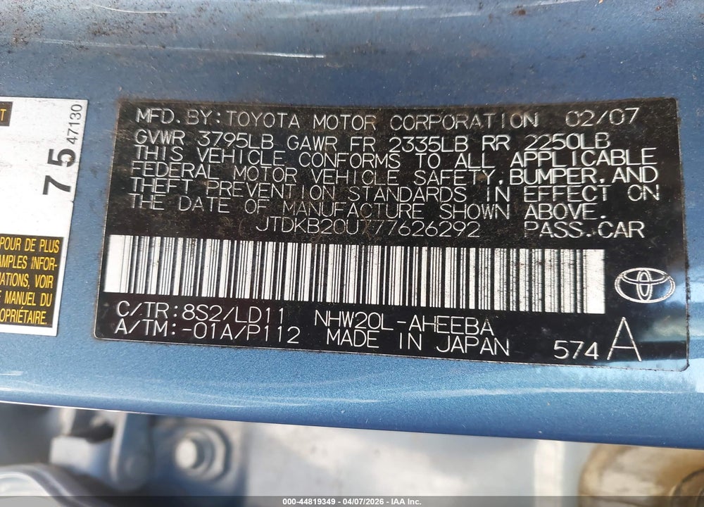 2007 TOYOTA PRIUS VIN: JTDKB20U777626292