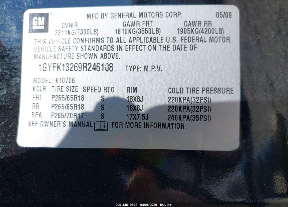 2009 CADILLAC ESCALADE STANDARD VIN: 1GYFK13269R246108