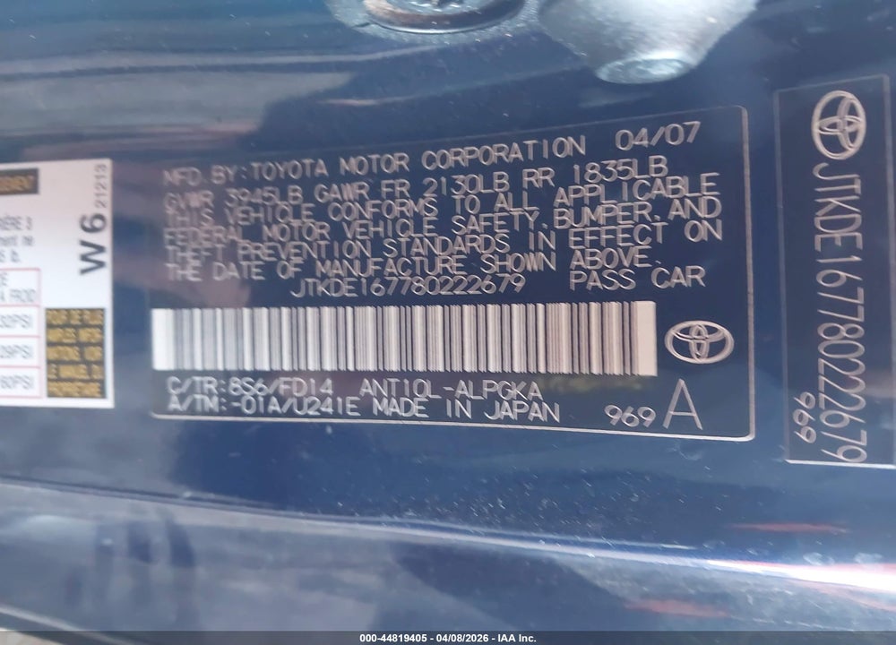 2008 SCION TC VIN: JTKDE167780222679