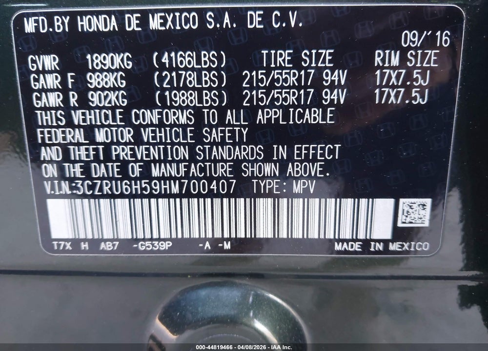 2017 HONDA HR-V EX VIN: 3CZRU6H59HM700407