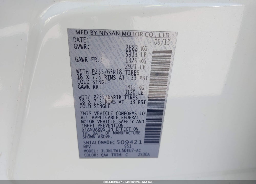 2014 INFINITI QX60 VIN: 5N1AL0MM0EC509421