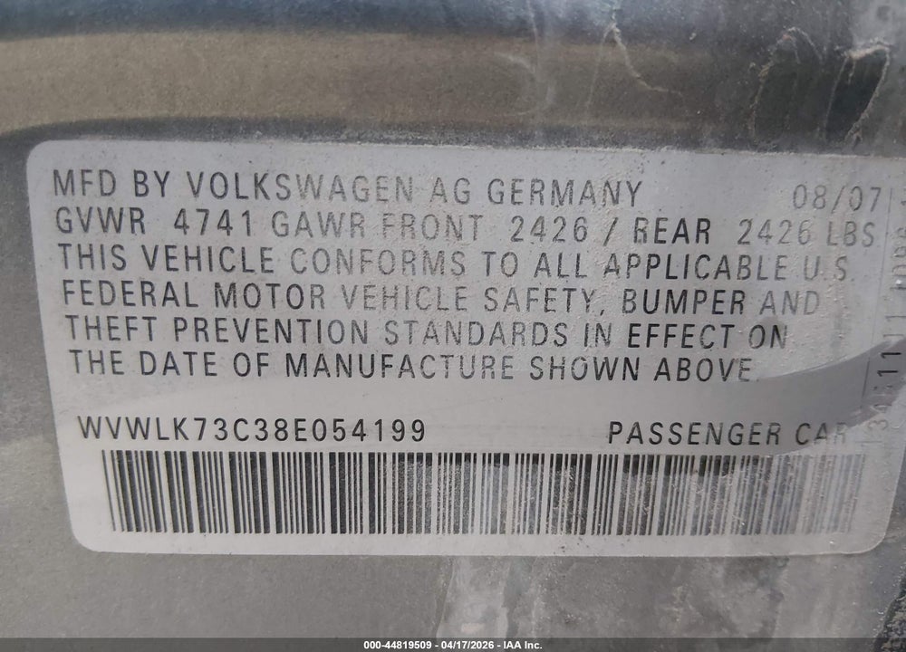 2008 VOLKSWAGEN PASSAT KOMFORT VIN: WVWLK73C38E054199