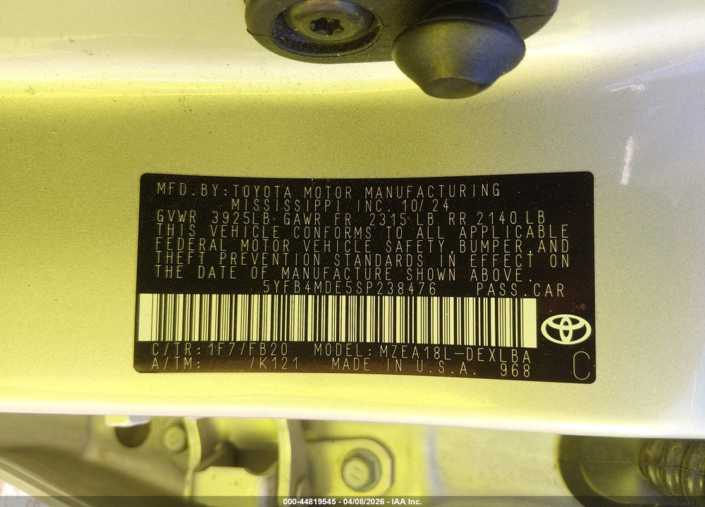 2025 TOYOTA COROLLA LE VIN: 5YFB4MDE5SP238476