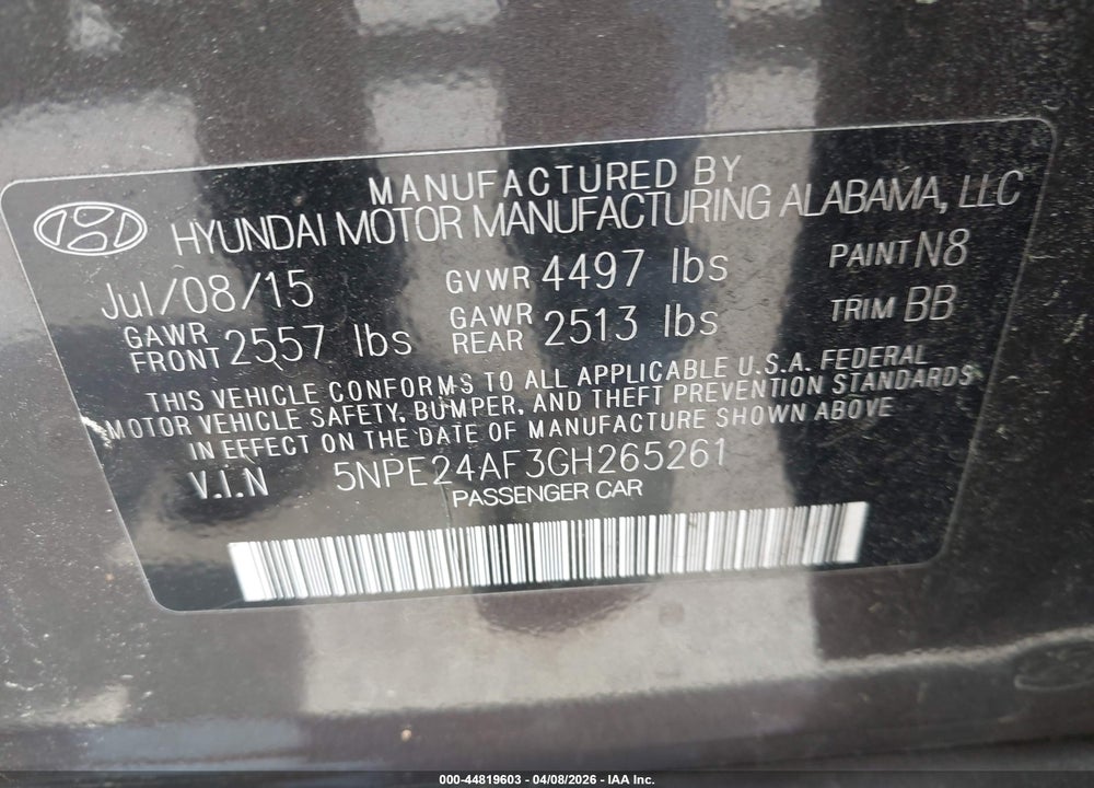 2016 HYUNDAI SONATA SE VIN: 5NPE24AF3GH265261
