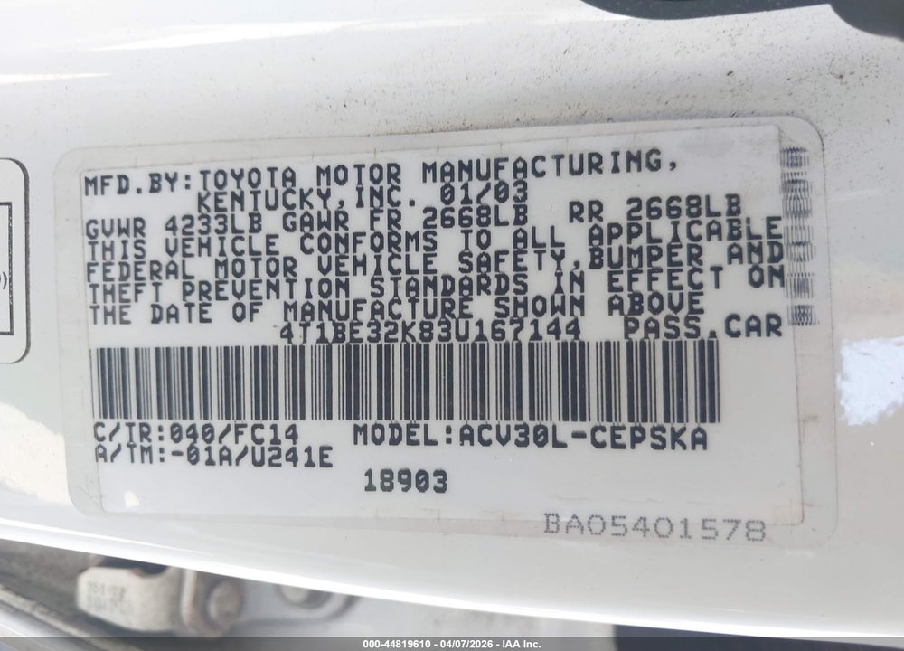 2003 TOYOTA CAMRY SE VIN: 4T1BE32K83U167144