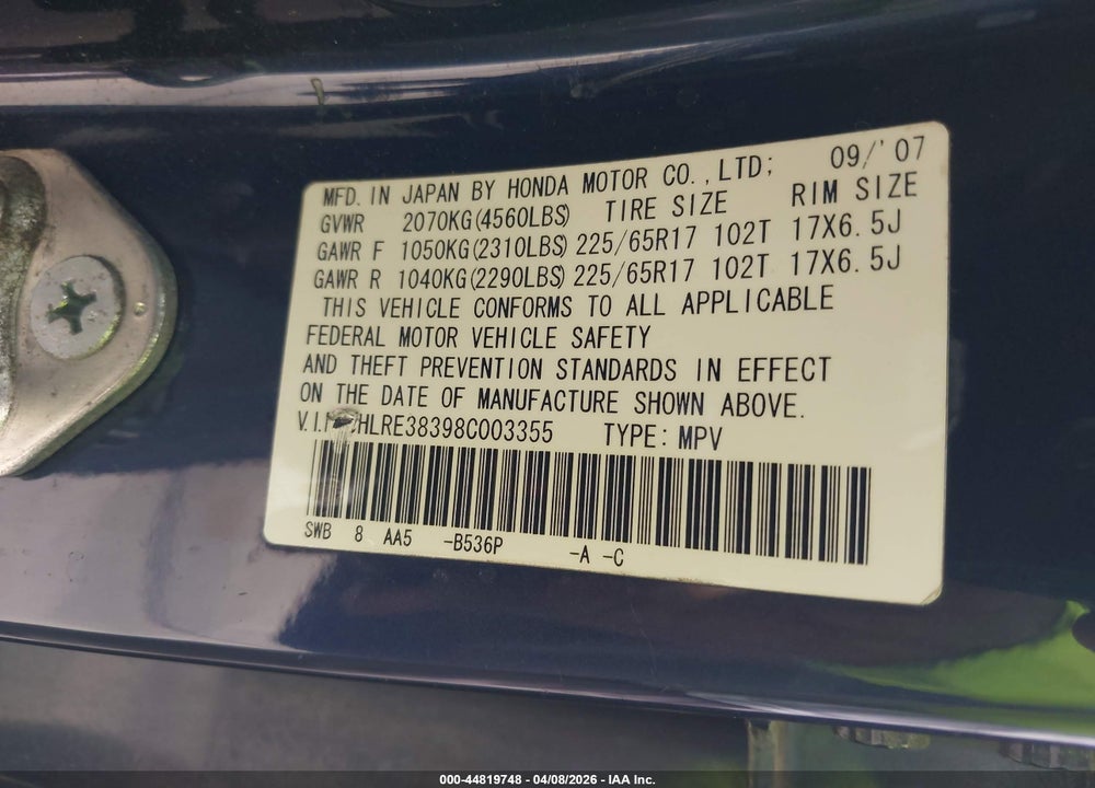 2008 HONDA CR-V LX VIN: JHLRE38398C003355