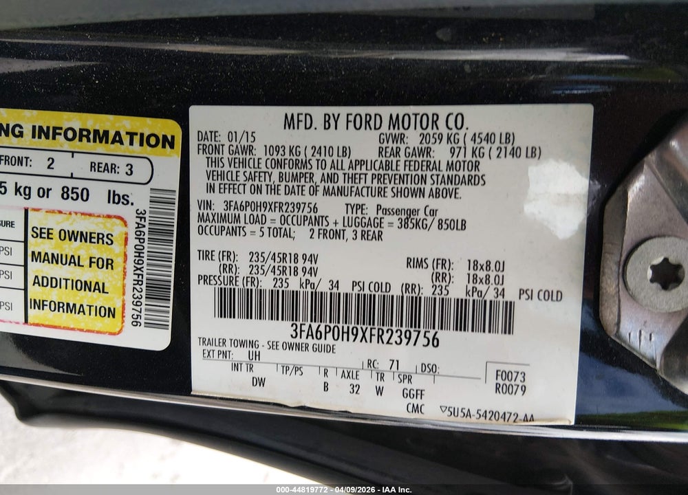 2015 FORD FUSION SE VIN: 3FA6P0H9XFR239756