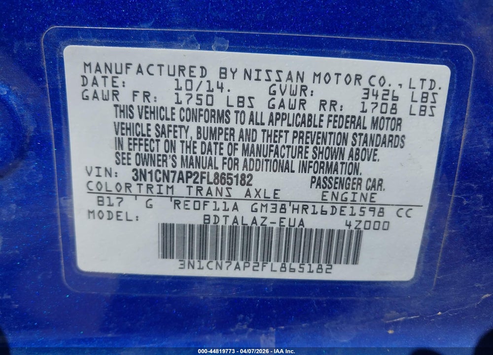 2015 NISSAN VERSA 1.6 S+ VIN: 3N1CN7AP2FL865182