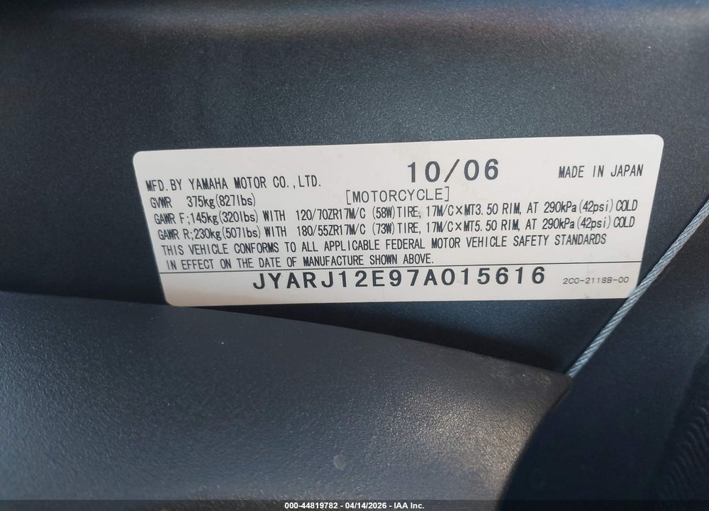 2007 YAMAHA YZFR6 L VIN: JYARJ12E97A015616