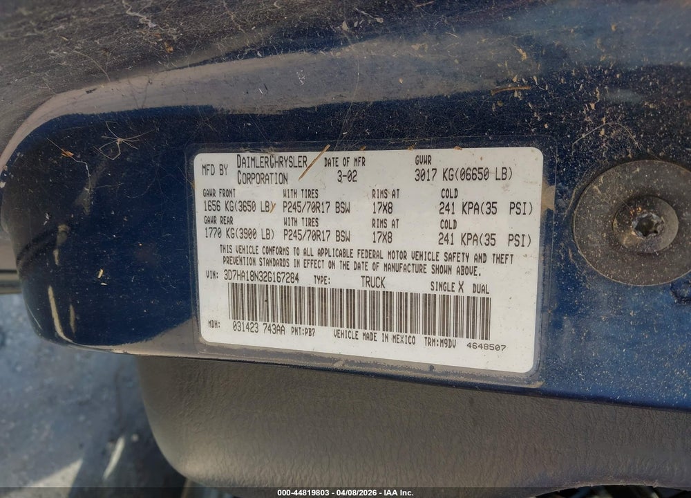 2002 DODGE RAM 1500 ST VIN: 3D7HA18N32G167284