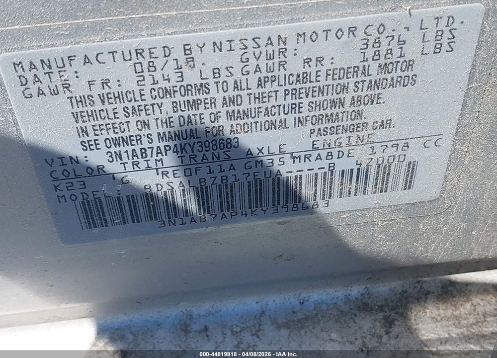2019 NISSAN SENTRA S VIN: 3N1AB7AP4KY398683