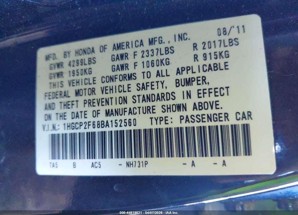 2011 HONDA ACCORD 2.4 SE VIN: 1HGCP2F68BA152560