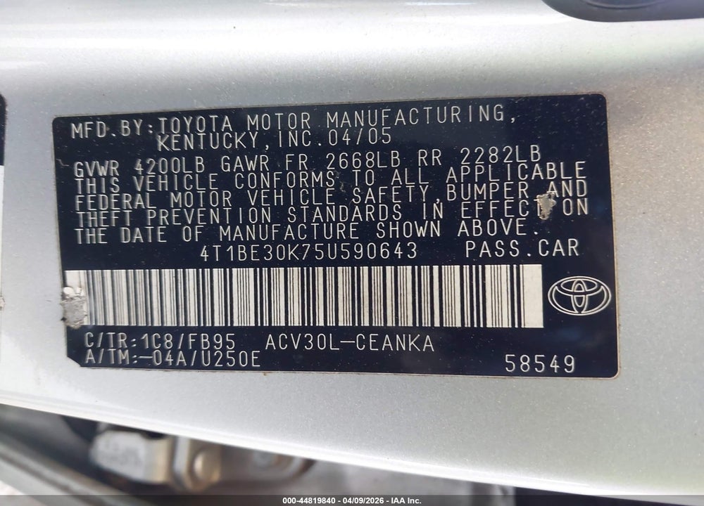 2005 TOYOTA CAMRY LE VIN: 4T1BE30K75U590643