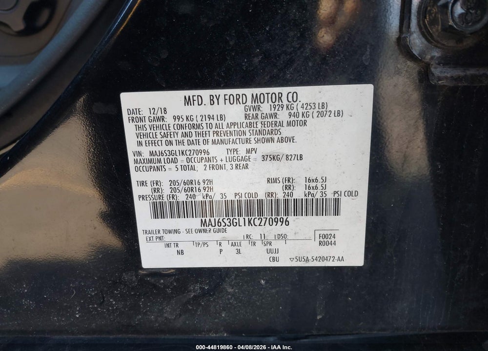2019 FORD ECOSPORT SE VIN: MAJ6S3GL1KC270996