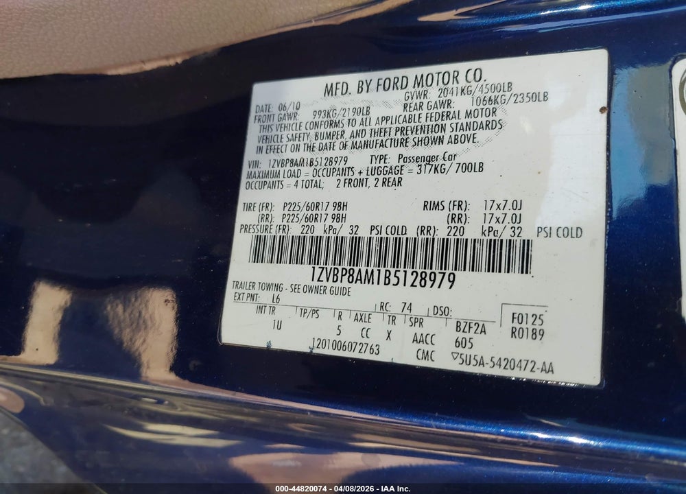 2011 FORD MUSTANG V6 VIN: 1ZVBP8AM1B5128979