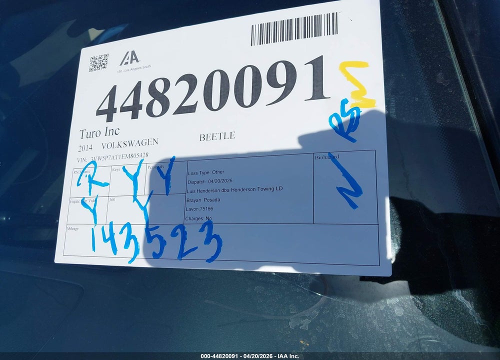 2014 VOLKSWAGEN BEETLE VIN: 3VW5P7AT1EM805428