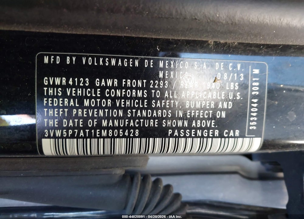 2014 VOLKSWAGEN BEETLE VIN: 3VW5P7AT1EM805428