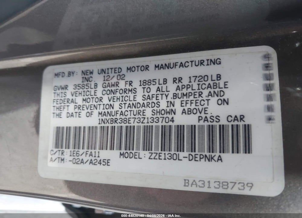 2003 TOYOTA COROLLA LE VIN: 1NXBR38E73Z133704