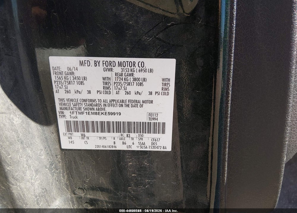 2014 FORD F-150 XL VIN: 1FTMF1EM8EKE59919