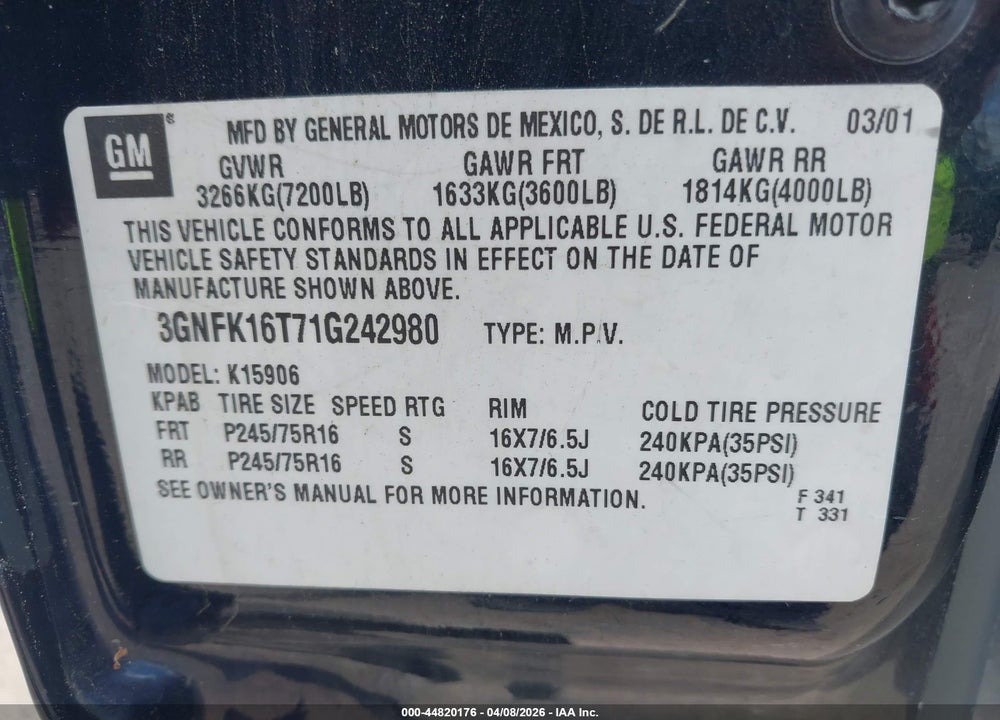 2001 CHEVROLET SUBURBAN 1500 LS VIN: 3GNFK16T71G242980