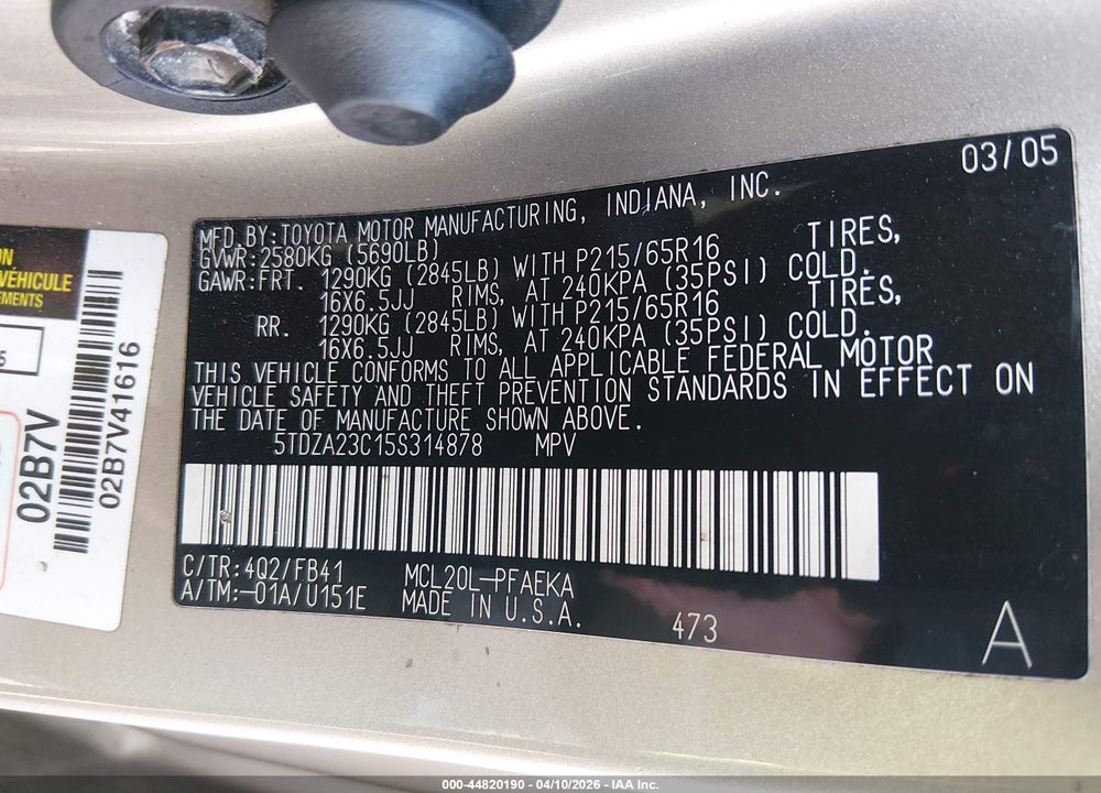 2005 TOYOTA SIENNA LE VIN: 5TDZA23C15S314878