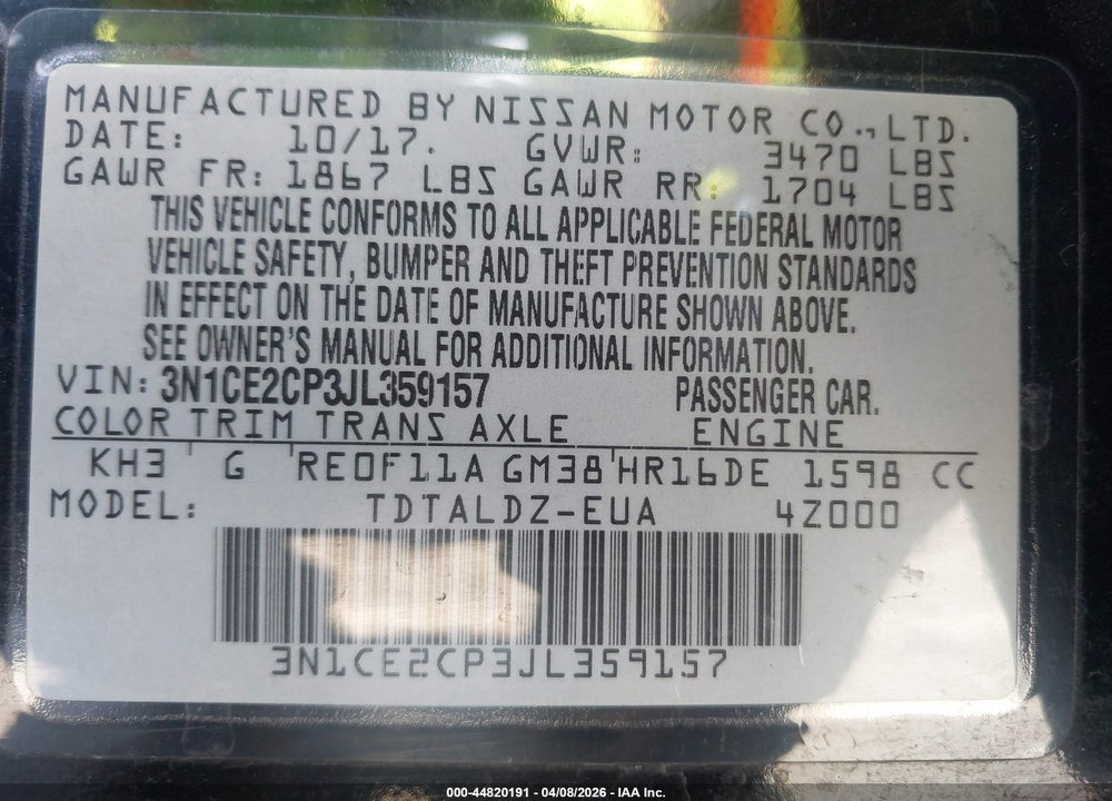 2018 NISSAN VERSA NOTE SV VIN: 3N1CE2CP3JL359157