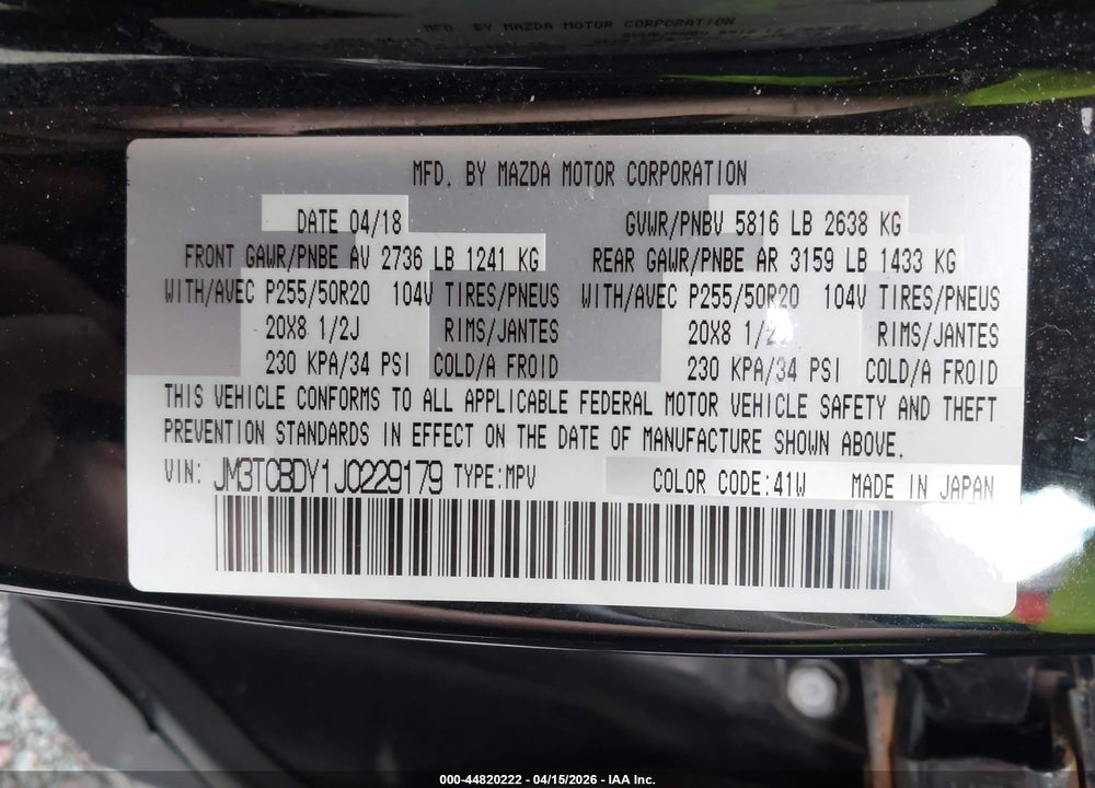 2018 MAZDA CX-9 GRAND TOURING VIN: JM3TCBDY1J0229179