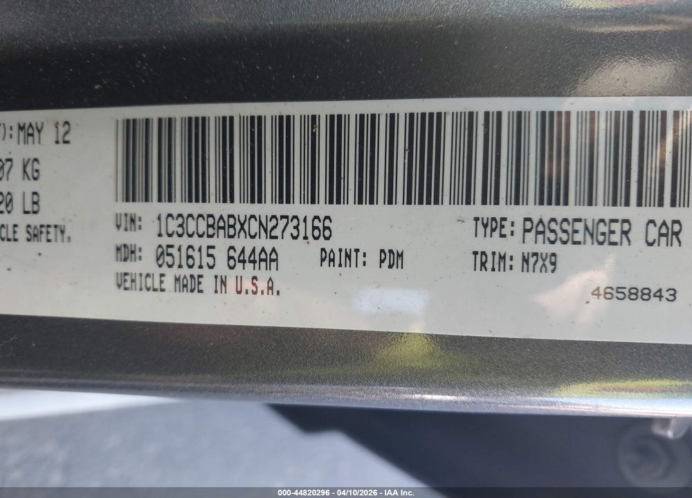 2012 CHRYSLER 200 LX VIN: 1C3CCBABXCN273166