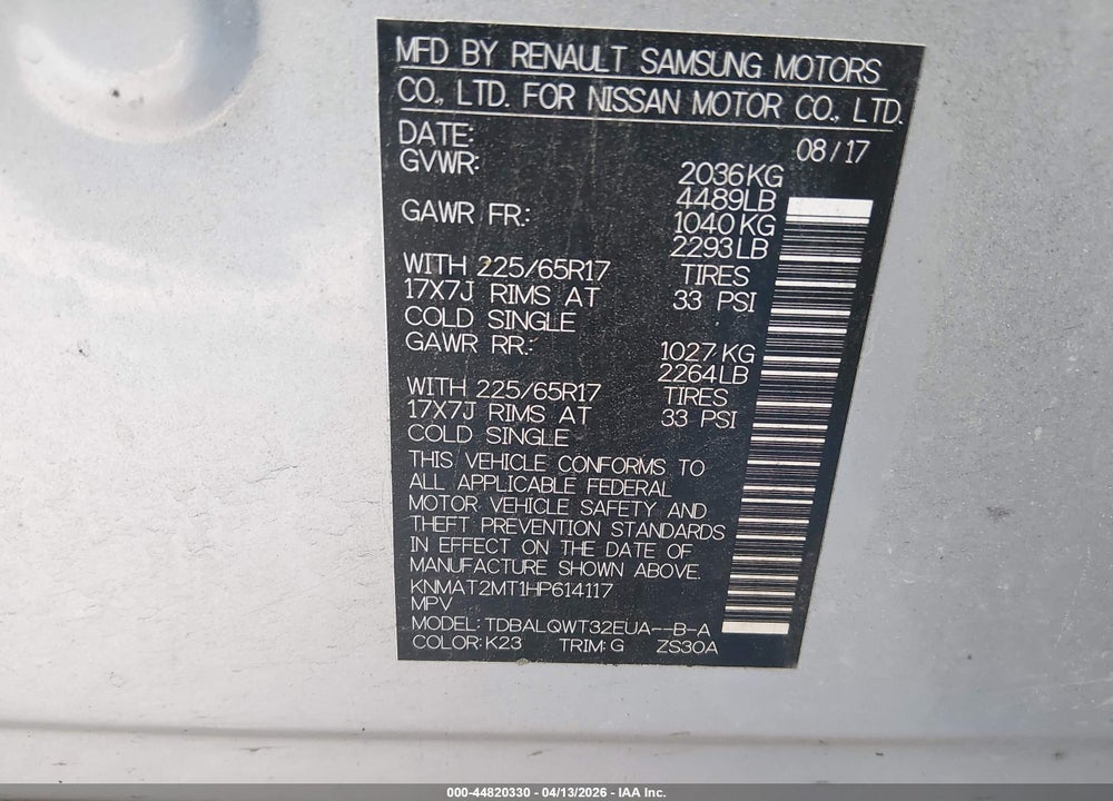 2017 NISSAN ROGUE SV VIN: KNMAT2MT1HP614117