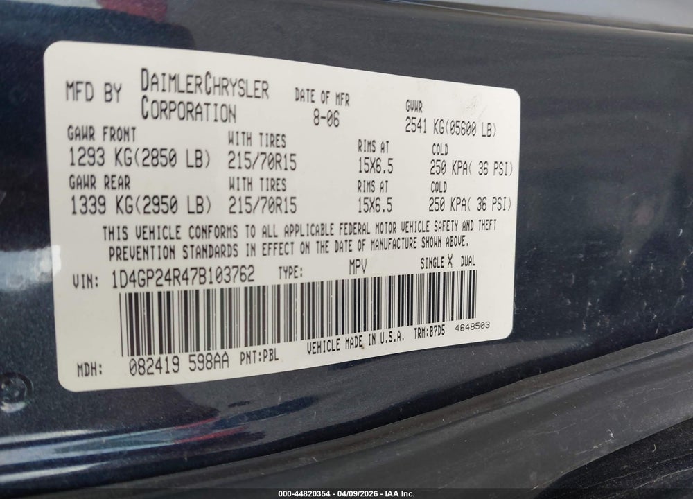 2007 DODGE GRAND CARAVAN SE VIN: 1D4GP24R47B103762