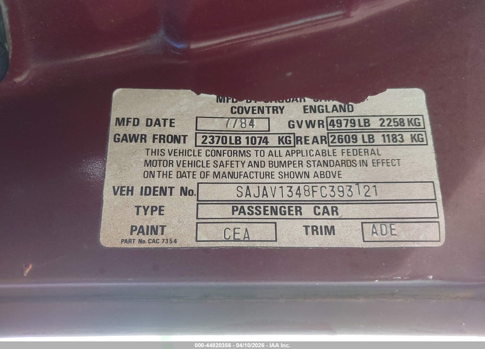 1985 JAGUAR XJ6 VIN: SAJAV1348FC393121