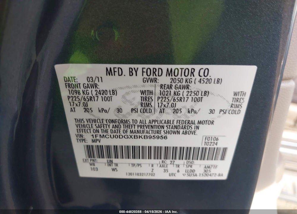 2011 FORD ESCAPE XLT VIN: 1FMCU0DGXBKB95956