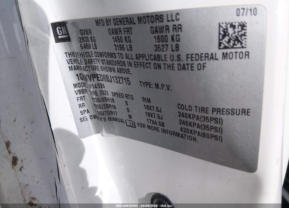 2011 GMC ACADIA SLE VIN: 1GKKVPED8BJ132715
